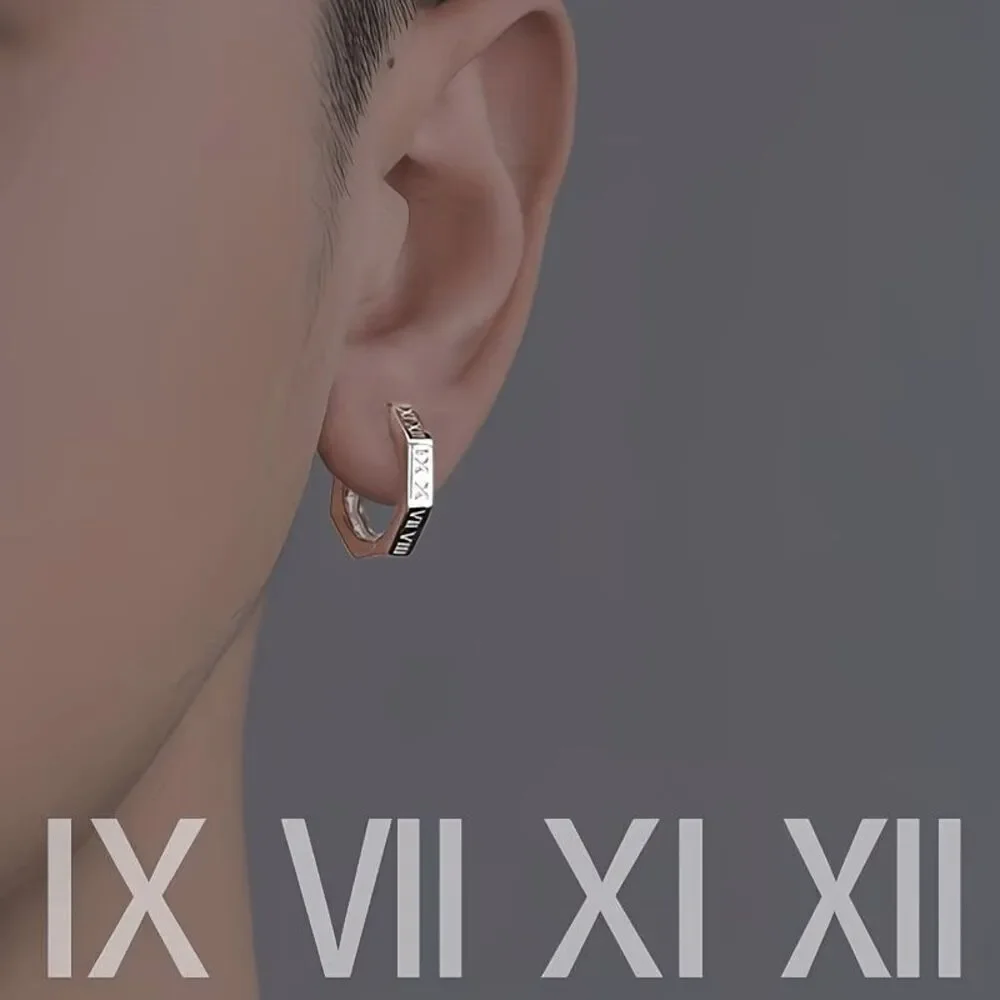 Roman Numeral Stainless Steel Men's Unisex Hoop Earrings